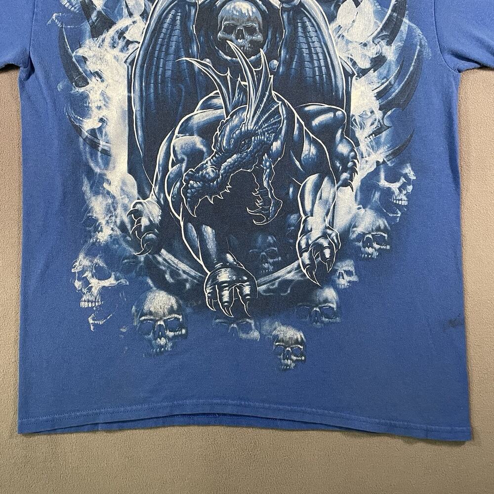 Vintage Dragon Shirt Mens Medium Blue Y2K Skulls Fire Flames Horns Wings Grunge - Picture 2 of 12